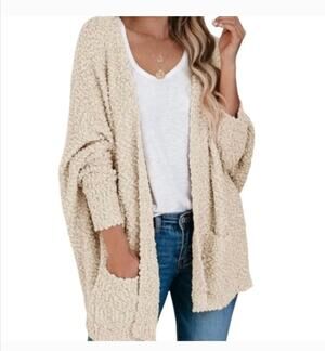 Umgee Cream Boucle Open Front Long Line Knit Cardigan Sweater Size S Cozy Soft
